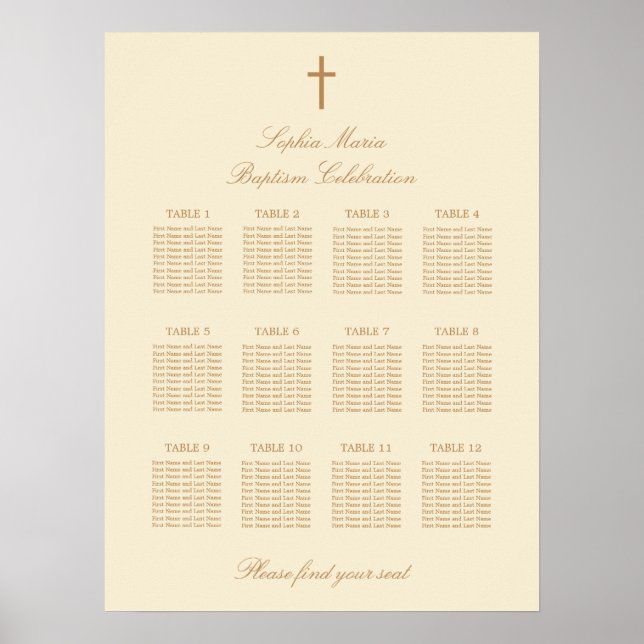 Affiche de plan de table de baptême Cream Beige 12 (Devant)