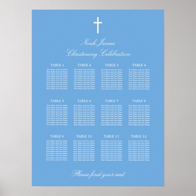 Affiche de plan de table de baptême de la table 12 (Devant)