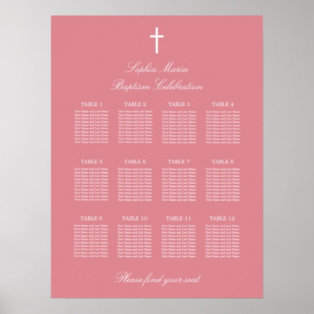 Affiche de plan de table de baptême Rose Pâle 12 T (Devant)
