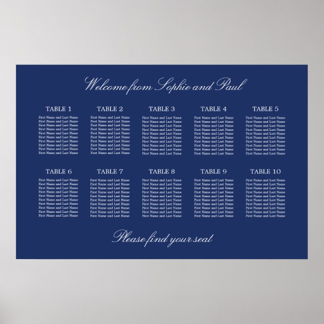 Affiche de plan de table de mariage à 10 tables Bl (Devant)