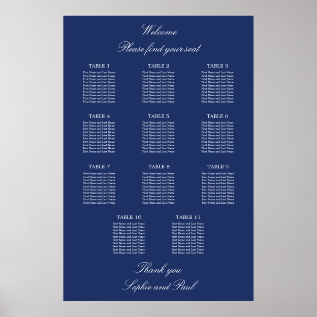 Affiche de plan de table de mariage à 11 tables Bl (Devant)