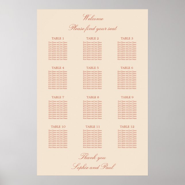 Affiche de plan de table de mariage à 12 tables en (Devant)
