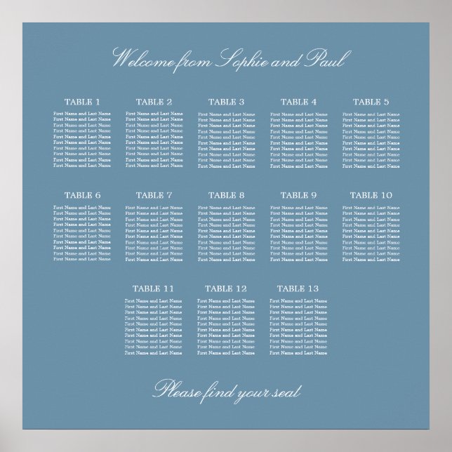 Affiche de plan de table de mariage à 13 tables Bl (Devant)