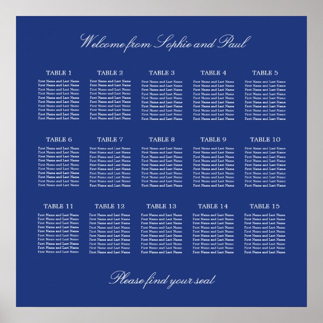 Affiche de plan de table de mariage à 15 tables bl (Devant)