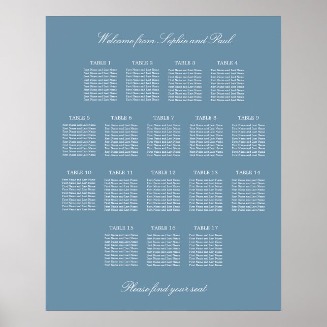 Affiche de plan de table de mariage à 17 tables Bl (Devant)