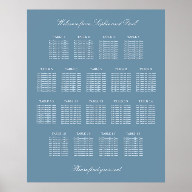 Affiche de plan de table de mariage à 18 tables Bl (Devant)