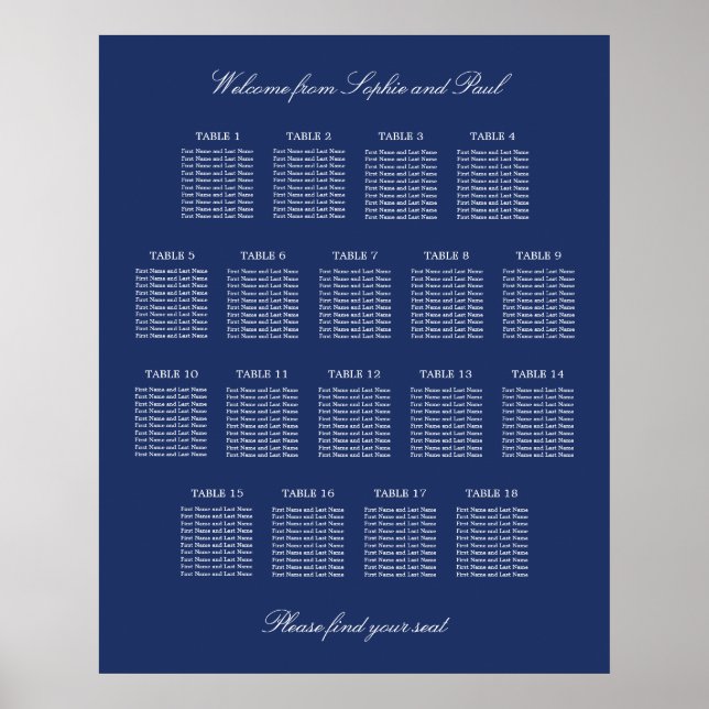 Affiche de plan de table de mariage à 18 tables Bl (Devant)