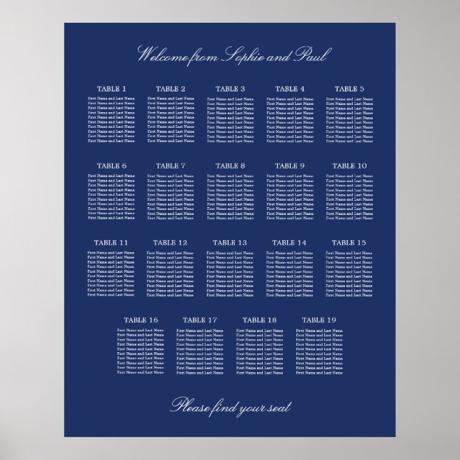 Affiche de plan de table de mariage à 19 tables Bl (Devant)