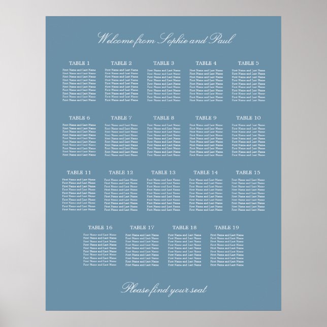 Affiche de plan de table de mariage à 19 tables Bl (Devant)