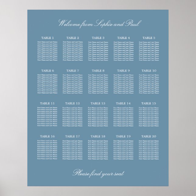 Affiche de plan de table de mariage à 20 tables Bl (Devant)