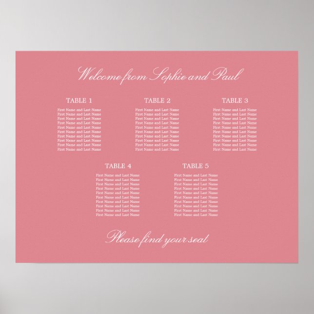 Affiche de plan de table de mariage à 5 tables Ros (Devant)
