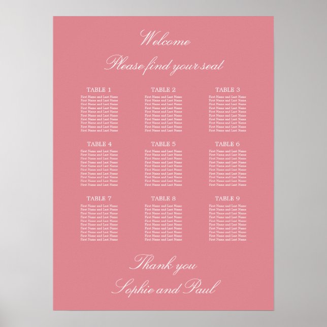 Affiche de plan de table de mariage à 9 tables Ros (Devant)