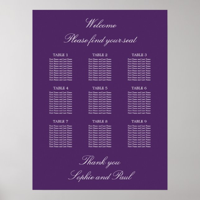 Affiche de plan de table de mariage à 9 tables Vio (Devant)