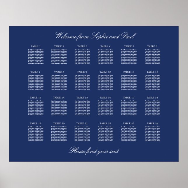Affiche de plan de table de mariage bleu marine 24 (Devant)
