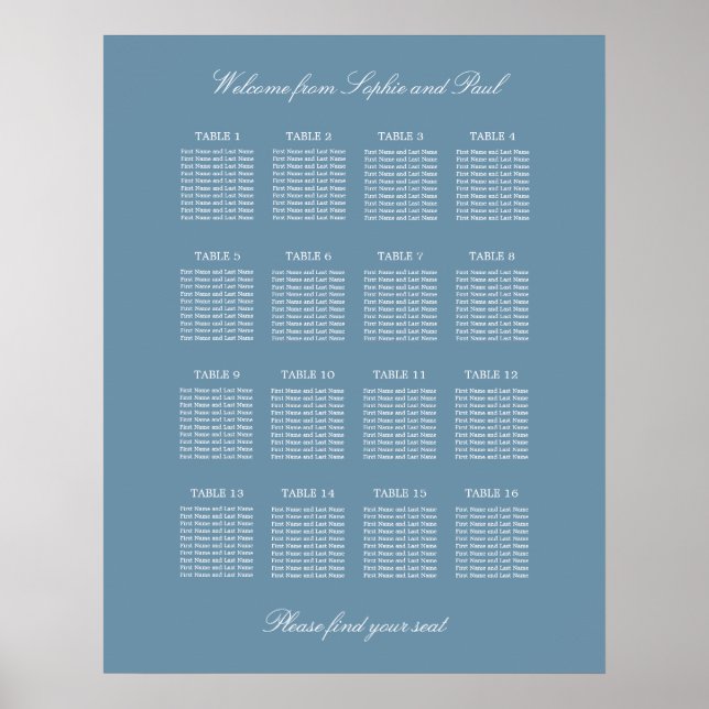 Affiche de plan de table de mariage bleu poussiére (Devant)