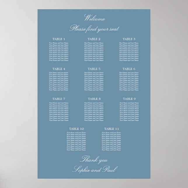 Affiche de plan de table de mariage bleu poussiére (Devant)
