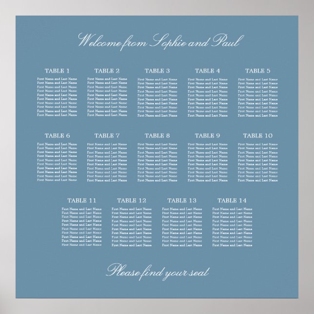 Affiche de plan de table de mariage bleu poussiére (Devant)