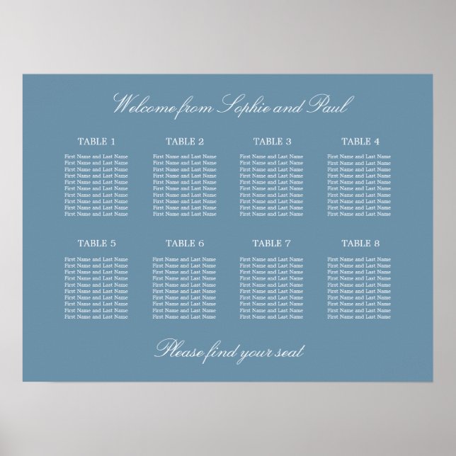 Affiche de plan de table de mariage bleu poussiére (Devant)