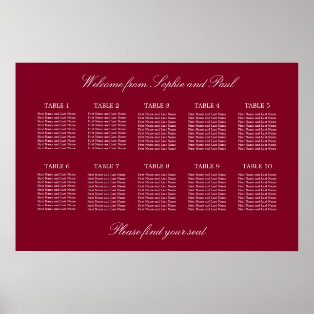 Affiche de plan de table de mariage Burgundy 10 (Devant)