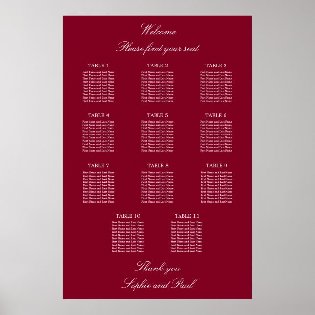 Affiche de plan de table de mariage Burgundy 11 (Devant)