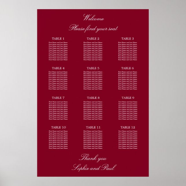 Affiche de plan de table de mariage burgundy 12 (Devant)