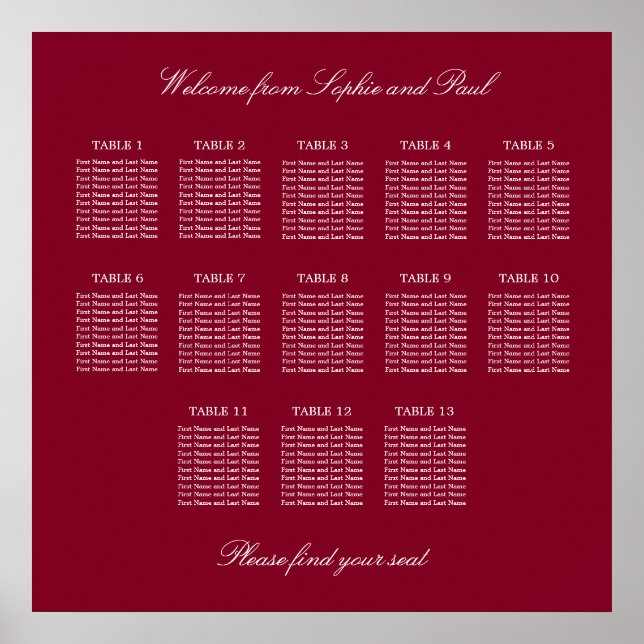 Affiche de plan de table de mariage Burgundy 13 (Devant)