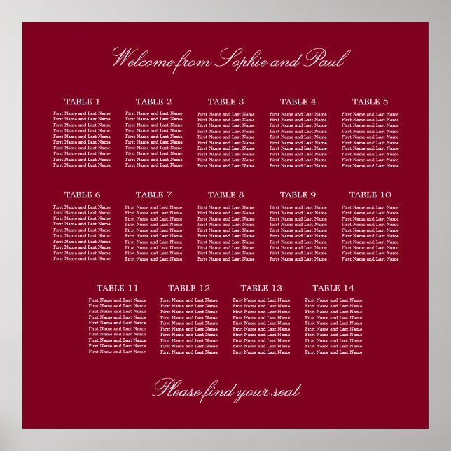 Affiche de plan de table de mariage burgundy 14 (Devant)