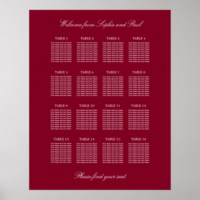 Affiche de plan de table de mariage burgundy 16 (Devant)