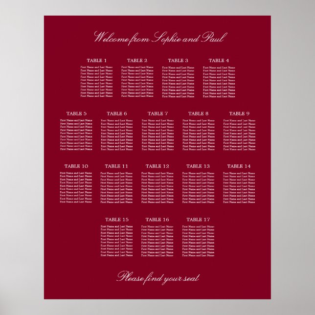 Affiche de plan de table de mariage Burgundy 17 (Devant)