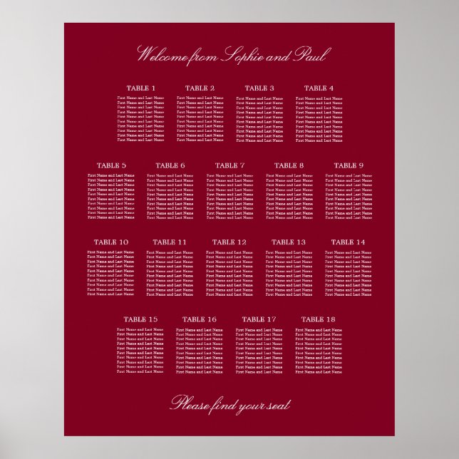 Affiche de plan de table de mariage burgundy 18 (Devant)
