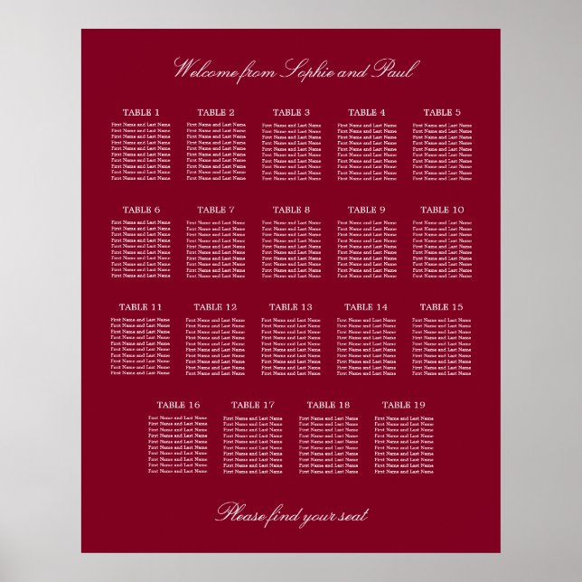 Affiche de plan de table de mariage Burgundy 19 (Devant)