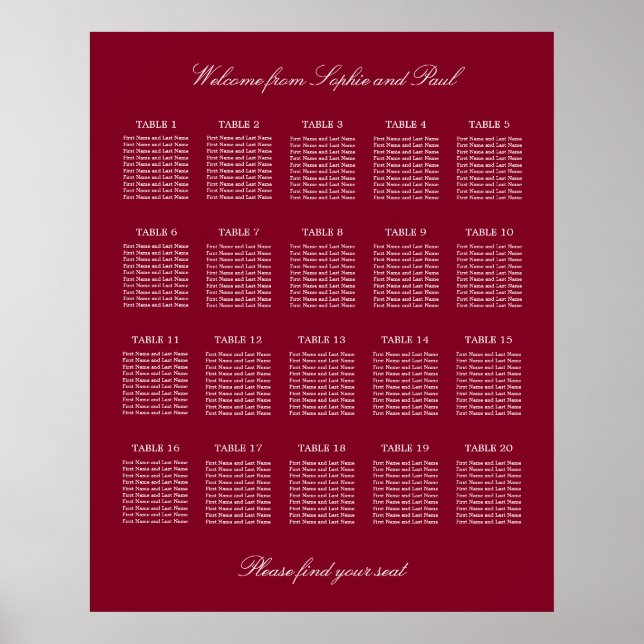Affiche de plan de table de mariage burgundy 20 (Devant)