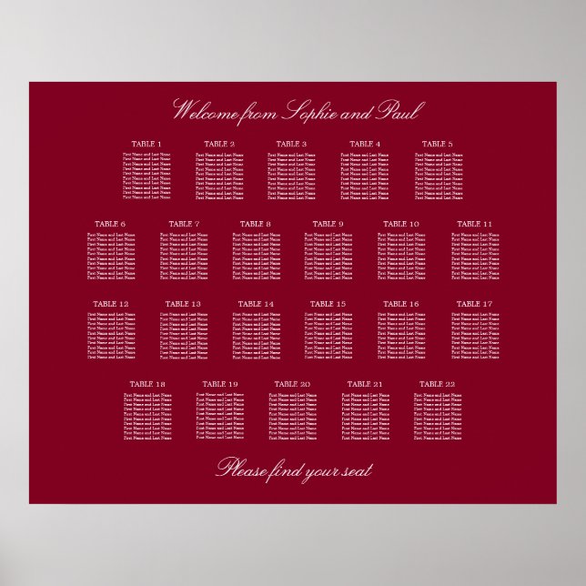 Affiche de plan de table de mariage Burgundy 22 (Devant)