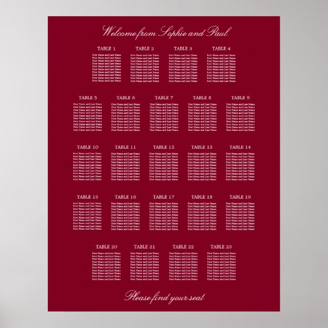 Affiche de plan de table de mariage Burgundy 23 (Devant)