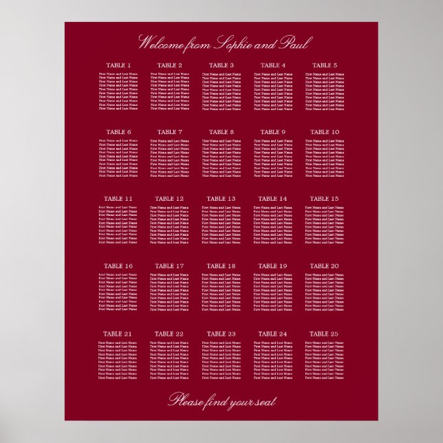Affiche de plan de table de mariage burgundy 25 (Devant)