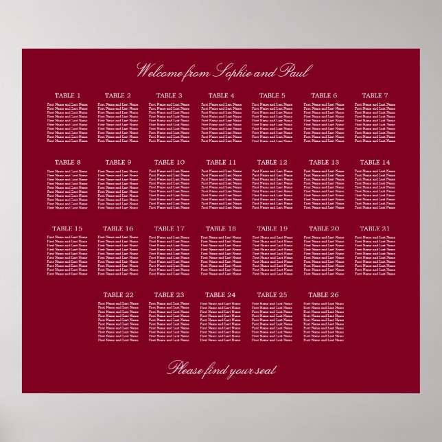 Affiche de plan de table de mariage Burgundy 26 (Devant)