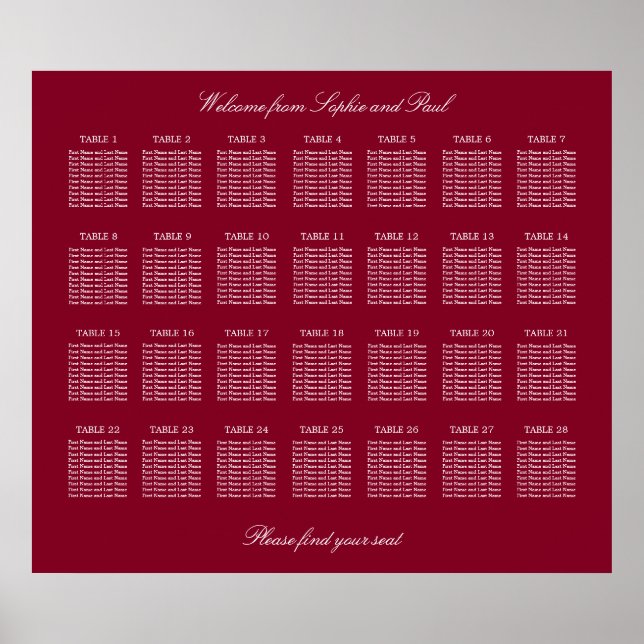 Affiche de plan de table de mariage Burgundy 28 (Devant)