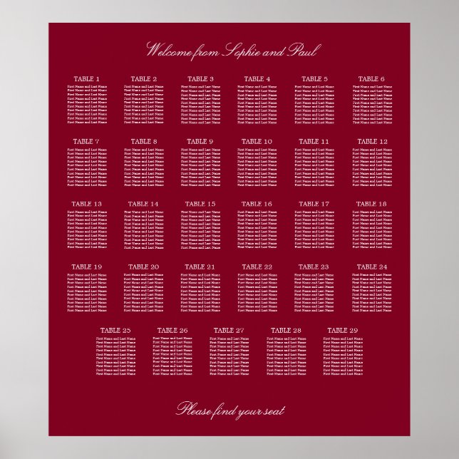 Affiche de plan de table de mariage Burgundy 29 (Devant)