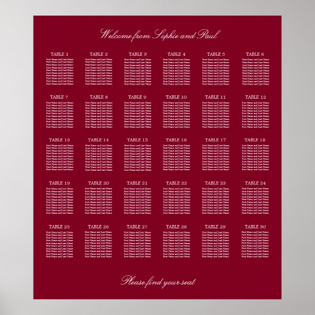 Affiche de plan de table de mariage Burgundy 30 (Devant)