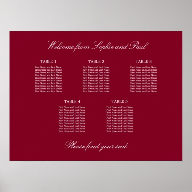 Affiche de plan de table de mariage Burgundy 5 (Devant)