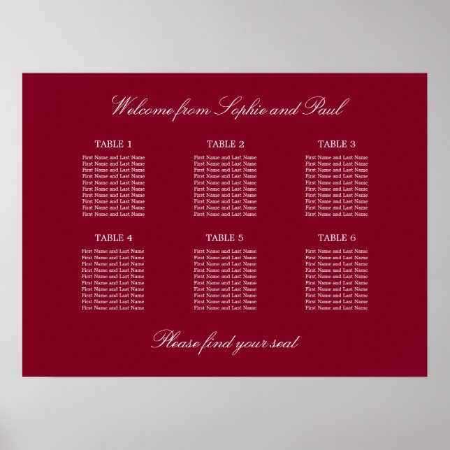 Affiche de plan de table de mariage Burgundy 6 (Devant)