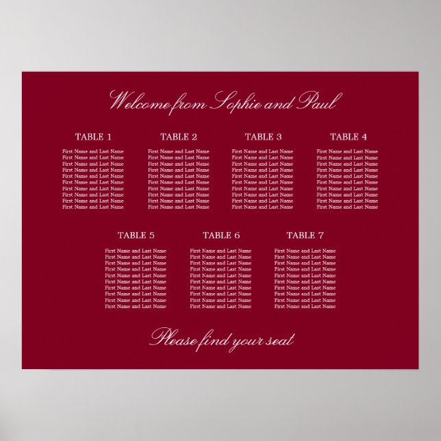 Affiche de plan de table de mariage Burgundy 7 (Devant)