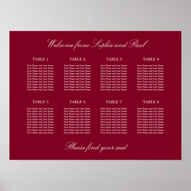 Affiche de plan de table de mariage Burgundy 8 (Devant)