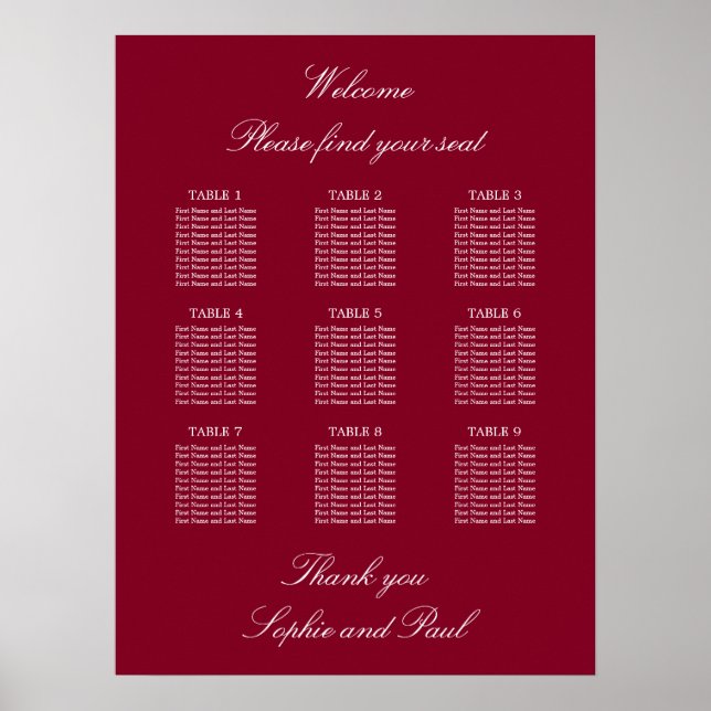Affiche de plan de table de mariage Burgundy 9 (Devant)
