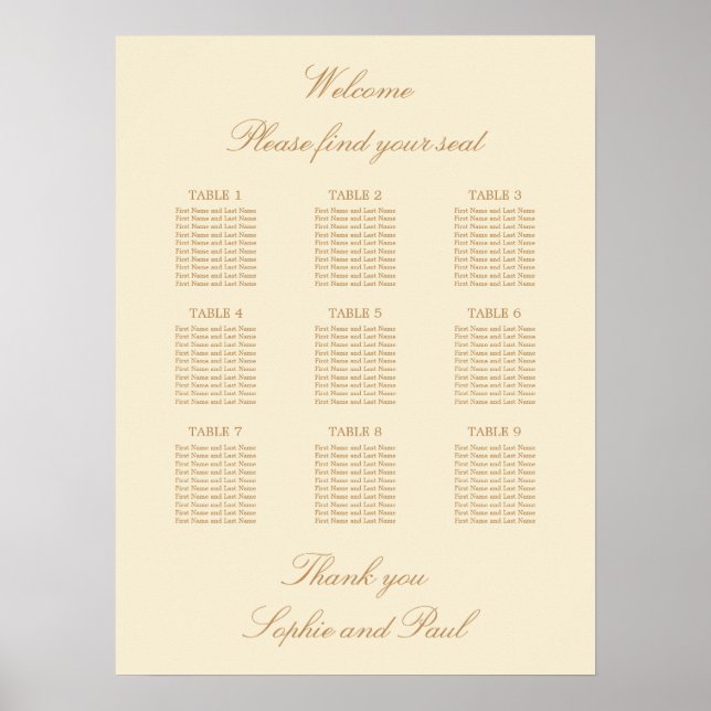 Affiche de plan de table de mariage crème beige 9 (Devant)