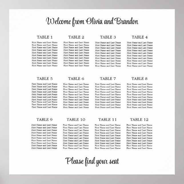 Affiche de plan de table de mariage élégant à 12 t (Devant)