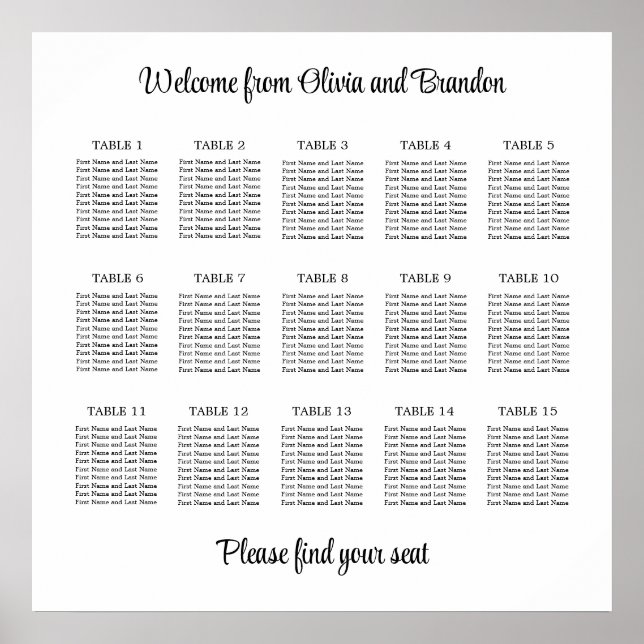 Affiche de plan de table de mariage élégant à 15 t (Devant)