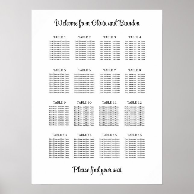 Affiche de plan de table de mariage élégant à 16 t (Devant)
