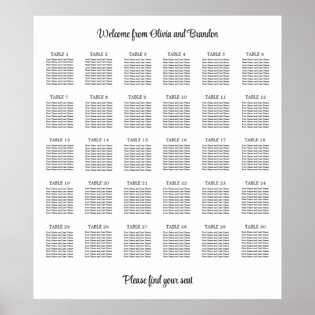 Affiche de plan de table de mariage élégant à 30 t (Devant)