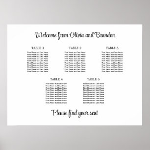 Affiche de plan de table de mariage élégant à 5 ta